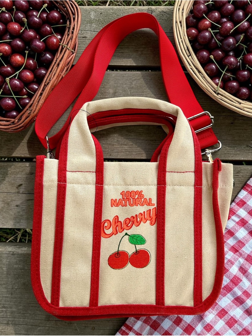 Cherry Stripe Canvas Tote Bag - Red & Cream